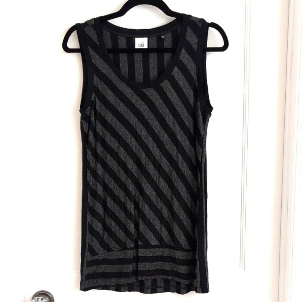 CAbi Align Tank Tunic Top #3630 M Black Gray Diagonal Stripe Rayon Stretch GUC